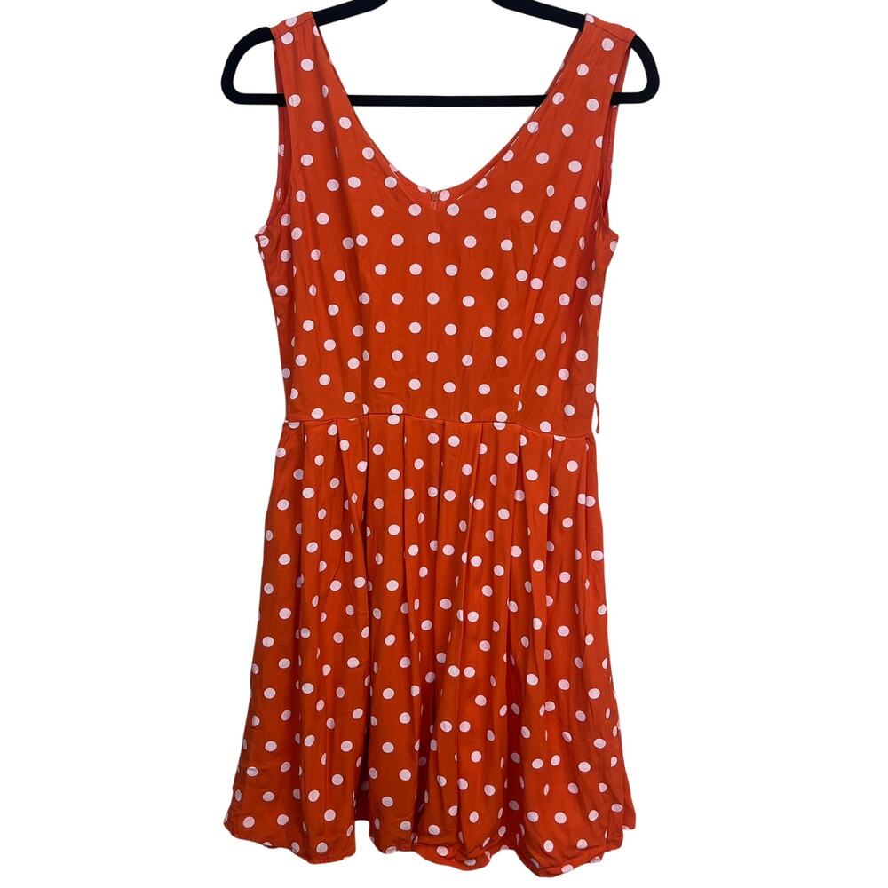 Rockabilly Vintage Orange White Polka Dot Pleated V Neck Dress Women’s Small Y2K